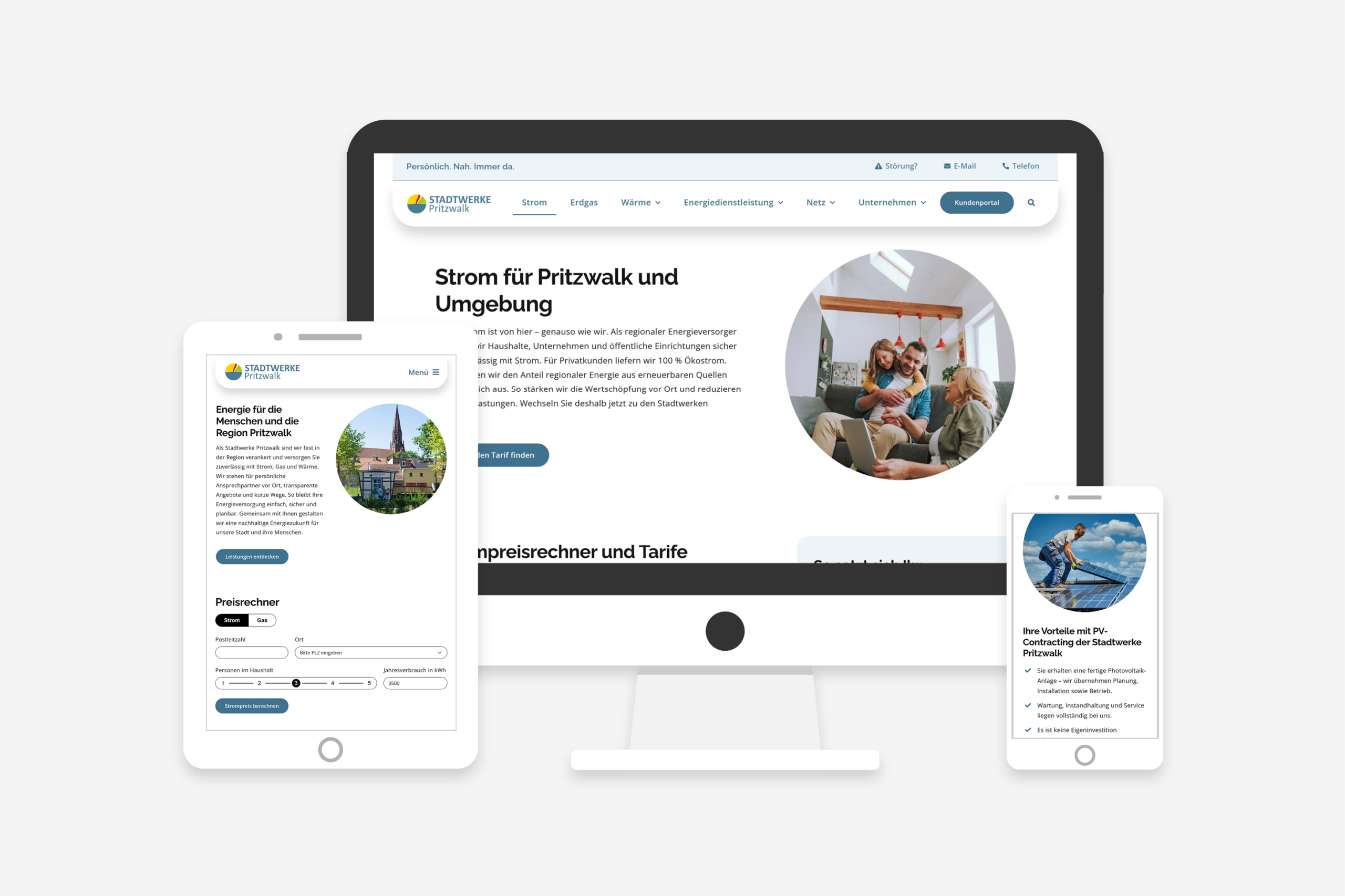 Darstellung der neuen, responsiven Website der Stadtwerke Pritzwalk auf Desktop, Tablet und Smartphone